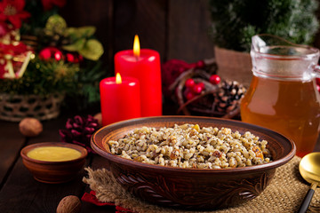 Kutya. Christmas porridge made of wheat grains, poppy seed, nuts, raisins and honey. Christmas kutia. Ukrainian cuisine.