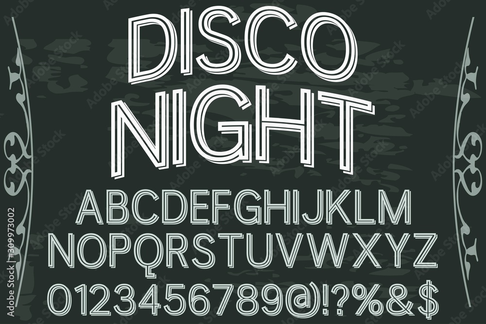 Poster alphabet font script typeface handcrafted handwritten vector label design disco night shadow effect.