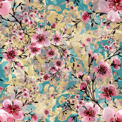  Watercolor hand painted seamless pattern with beautiful blooming branches 