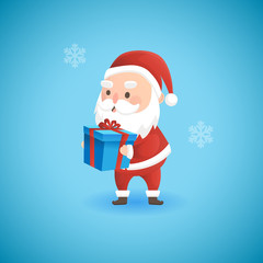 Christmas funny Santa Claus holding gift box, vector illustration.
