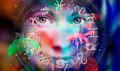 Twelve astrological symbols of the zodiac, horoscope circle