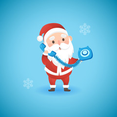Christmas funny Santa Claus holding blue old phone, vector illustration.