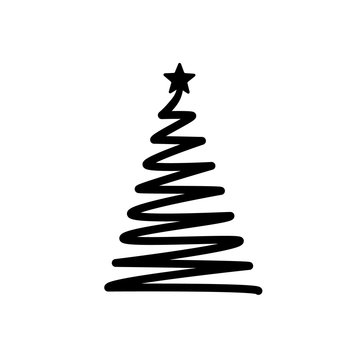 Christmas tree. Line draw scribbled stylized element. Decoration elements collection, holiday monochrome sign isolated on white. Vector illustration