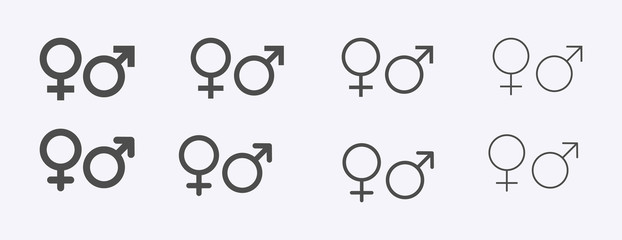 Male female sign, men women symbol, toilet wc vector icon set, gender collection, flat simple design illustration isolated on white - obrazy, fototapety, plakaty