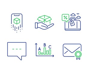 Travel loan, Hold box and Blog line icons set. Augmented reality, Survey results and Verified mail signs. Trip discount, Delivery parcel, Chat message. Phone simulation. Technology set. Vector