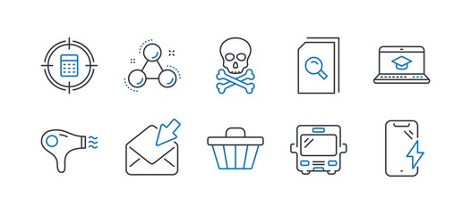 Set of Technology icons, such as Hair dryer, Calculator target, Website education, Shop cart, Chemical hazard, Open mail, Chemistry molecule, Search files, Bus, Smartphone charging. Vector