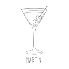 Alcoholic cocktail - martini with olive isolated on white background. Vector illustration