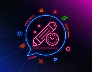 Project deadline line icon. Neon laser lights. Time management sign. Clock symbol. Glow laser speech bubble. Neon lights chat bubble. Banner badge with project deadline icon. Vector