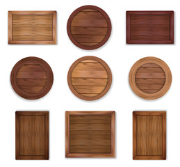Wooden labels with frames collection. Set of various shapes wooden sign boards for sale,price and discount stickers, banners, badges. Vector illustration.