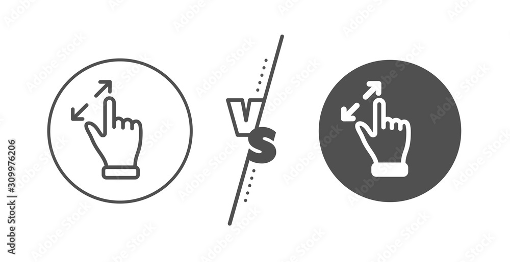 Poster zoom in sign. versus concept. touchscreen gesture line icon. action arrows symbol. line vs classic t