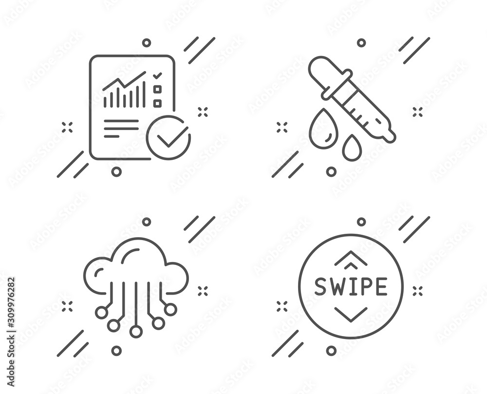 Poster chemistry pipette, checked calculation and cloud storage line icons set. swipe up sign. laboratory, 