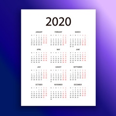 Calendar layout 2020 year. Week starts from Monday. Simple black and red numbers, minimalist design. Vector illustrations isolated on white