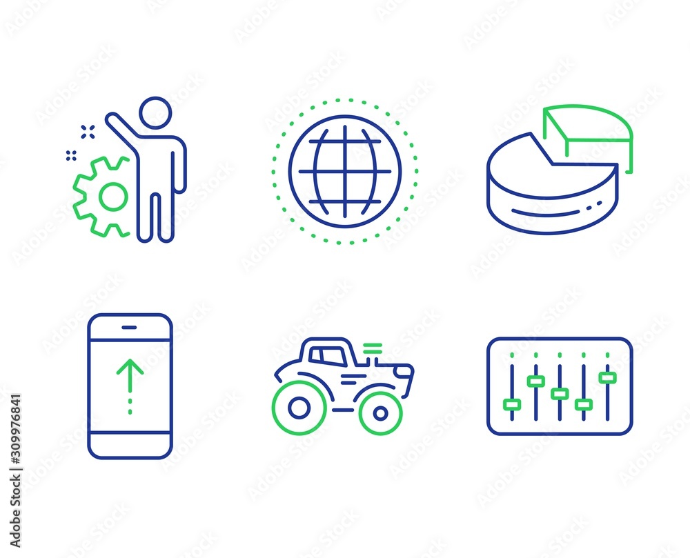 Poster swipe up, tractor and pie chart line icons set. employee, globe and dj controller signs. scrolling s