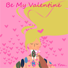Be my Valentine banner with cute girl with cup, hearts on a pink background design