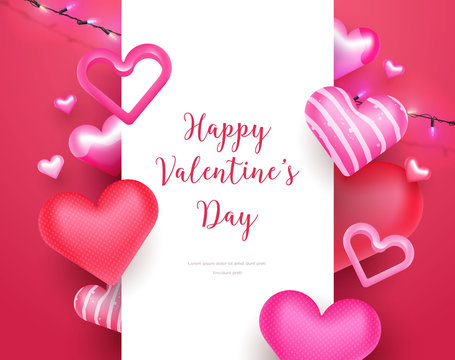 3d cute valentine's day card frame with decorative hearts and string lights vector template