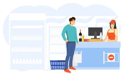 Buyers stand in line at a supermarket or small store. Shopping basket. Mini character Customers stands and pays for goods at the checkout. Vector illustration.