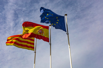 European, Spanish and Catalonian flag in Barcelona