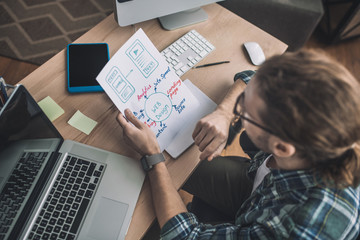 Man in checkered shirt working in the office