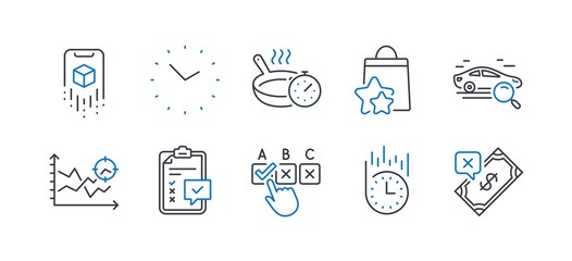 Set of Business icons, such as Frying pan, Search car, Augmented reality, Checklist, Fast delivery, Loyalty points, Time, Seo analysis, Correct checkbox, Rejected payment line icons. Vector
