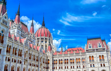 The Hungarian Parliament Building located on the Danube River in Budapest Hungary at sunset.