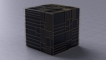 3d render abstract cube with black rectangles pattern and gold thin grid on white background.