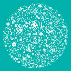 Hand drawn contour  round shape seamless pattern.  Flowers, leaves, abstract elements, cartoon textures. Illustration of patterns. Application in printing, textile, background, design, printing.
