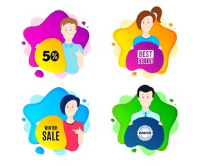 Winter Sale. People shape offer badge. Special offer price sign. Advertising Discounts symbol. Dynamic shape offer. Worker person badge. Cut out people coupon. Winter sale text. Vector