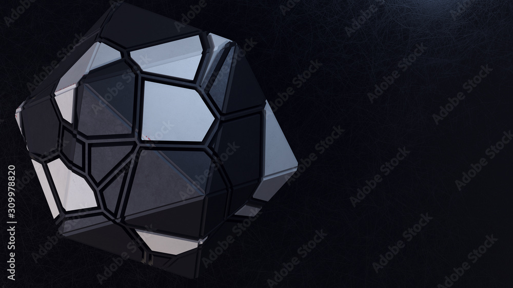 Poster 3d render abstract black and white fracture pattern and black thin grid on black background.