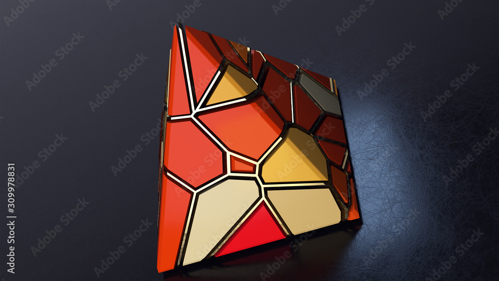 Aufkleber 3d render abstract colorful fracture pattern on black background and gold frame.