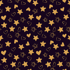 Fototapeta premium Golden hearts and stars seamless pattern. Fashion design print. Design elements for wedding, kid's birthday or Valentine's day. Hand drawn doodle repeating shapes. Cute wallpaper