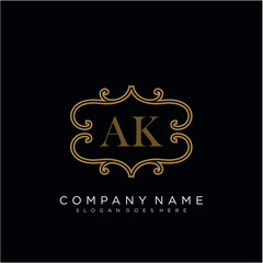 Initial letter AK logo luxury vector mark, gold color elegant classical