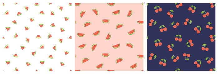 Fototapeta premium Kid's seamless pattern. Smiling watermelon and cherry. Exotic fruit fashion print. Design elements for baby textile or clothes. Hand drawn doodle repeating delicacies.