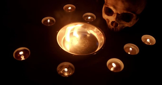 Burning pentacle on altar closeup footage