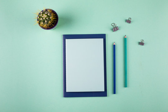 Creative Flat Lay Of Workspace Desk With Cactus, Pencils And Notebooks With Copy Space On Green Background. Minimal Mockup Concept.