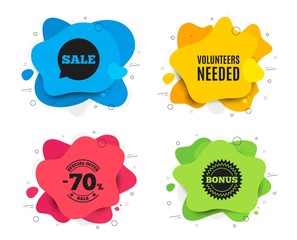 Volunteers needed. Liquid shape, various colors. Volunteering service sign. Charity work symbol. Geometric vector banner. Volunteers needed text. Gradient shape badge. Vector
