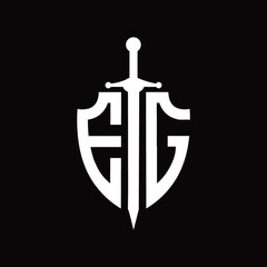 EG logo with shield shape and sword design template