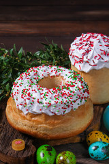 easter cake and easter eggs, traditional holiday design (happy easter) menu concept. food background. top view. copy space