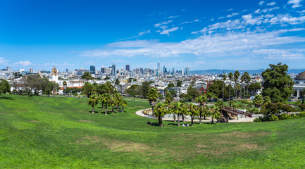 Panorama of Dolores Park, with Downtown San Francisco in Background, California
