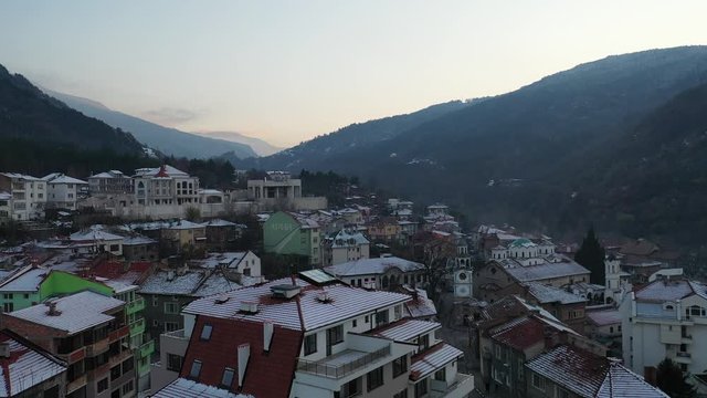 Aerial view of Eastern European town in winter