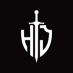 HJ logo with shield shape and sword design template