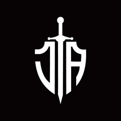 JA logo with shield shape and sword design template