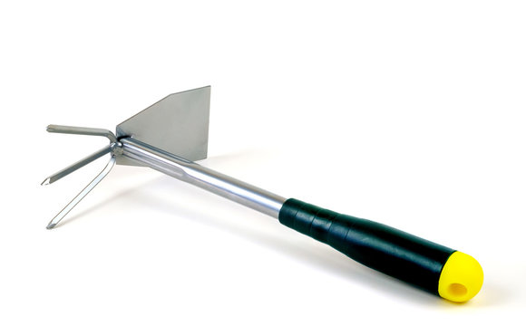 Metal garden tool with rakes and hoe