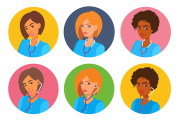 Avatars of female doctors. Woman with short hair smiles, looks at the viewer. Medical gown, stethoscope. Vector cartoon portraits on a colored circle background.