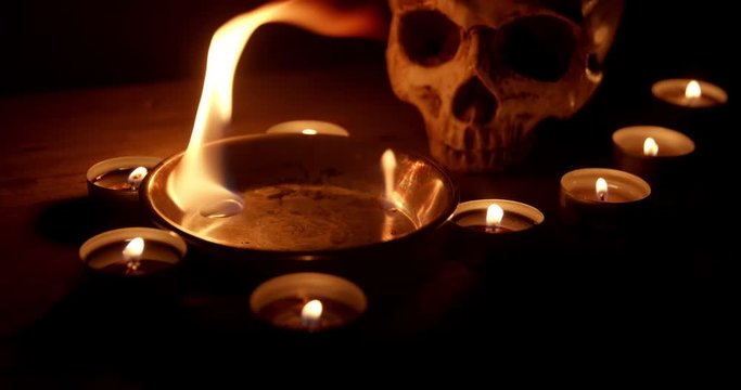 Burning pentacle on altar closeup footage