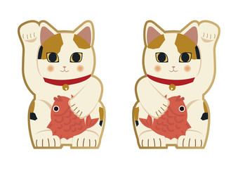 縁起物。招き猫のイラスト。日本の猫の置物。