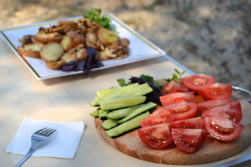 grill meat with fresh vegetables picnic food