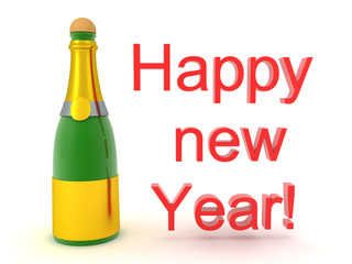 3D Champagne bottle with red happy new year text on the side