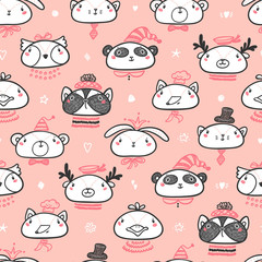 Cute Animal Faces Seamless pattern. Doodle Cartoon Animals and Birds. Vector Background for Kids