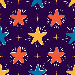 Fototapeta na wymiar Twinkle Cute Stars Vector Seamless Pattern. Starry Space Sky Vector Festive Wallpaper. Vector Holiday or Birthday Background. 