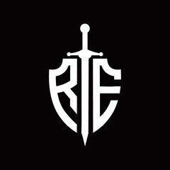 RE logo with shield shape and sword design template
